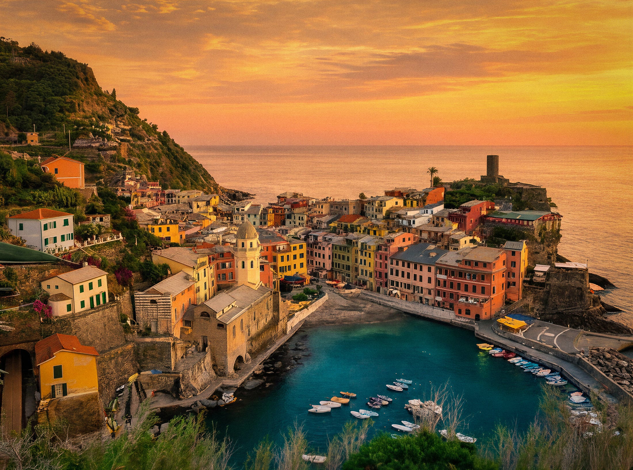 Cliffside village above the sea in Cinque Terre, coastal Italian wedding