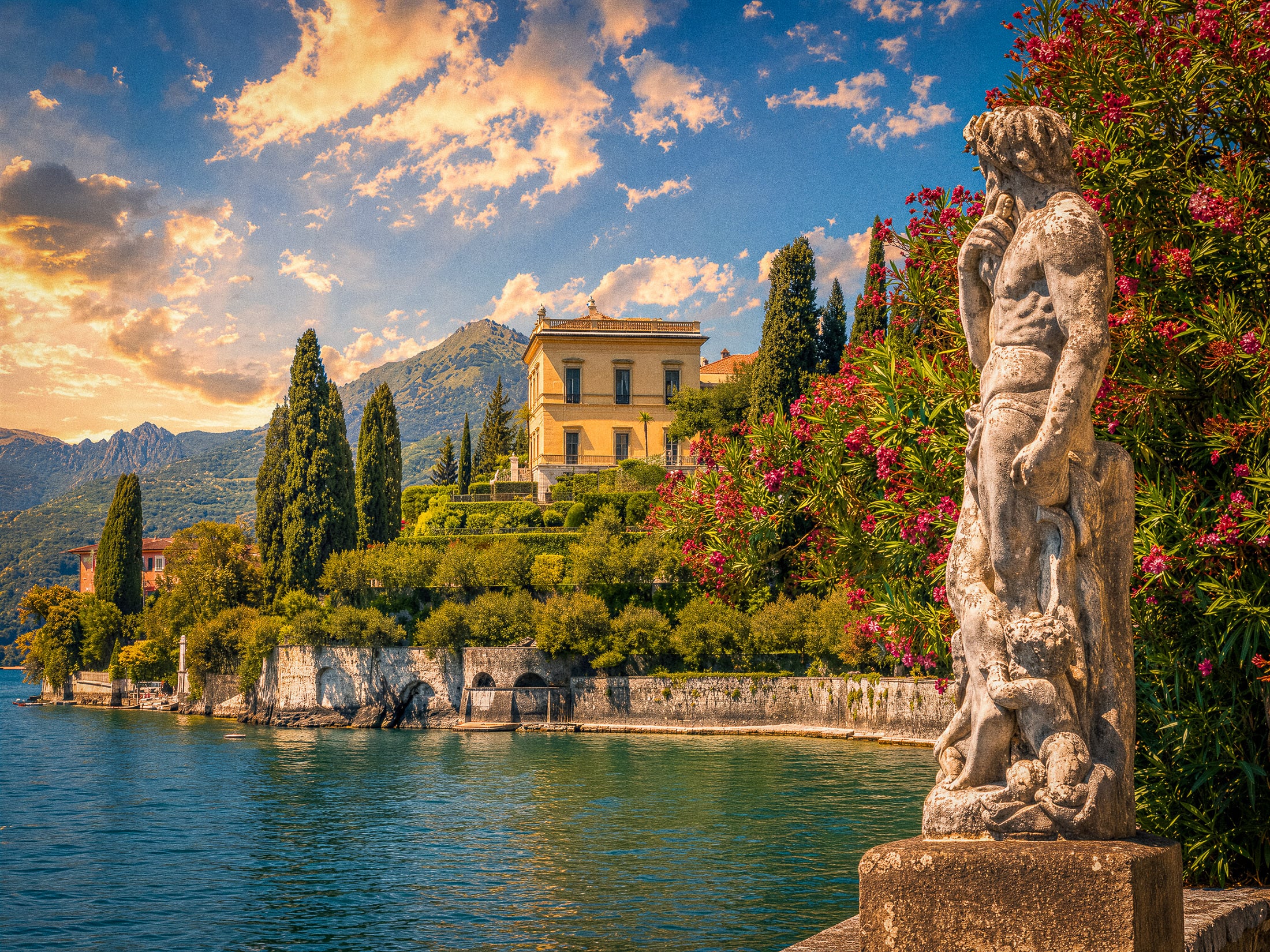 Lakeside villa terrace on Lake Como at dusk, Italian destination wedding