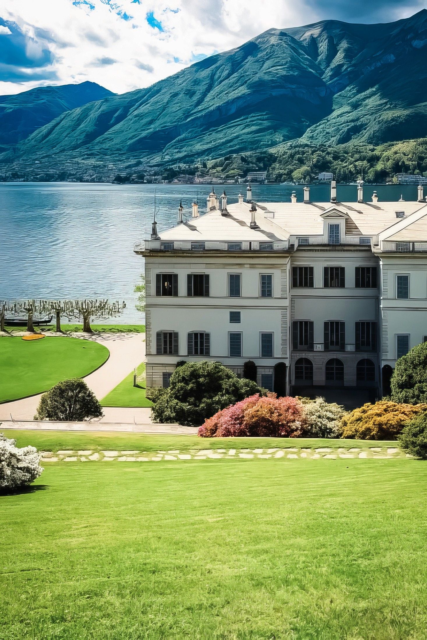 Elegant villa overlooking a serene lake surrounded by lush greenery and mountains in the background.