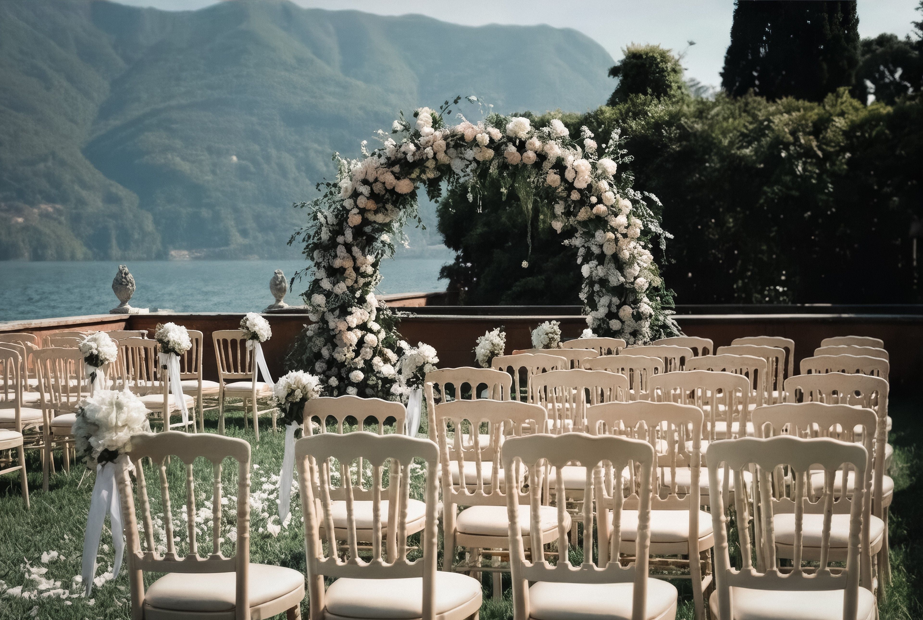 A serene outdoor wedding setup featuring floral decorations, chairs, and a stunning lake view in the background.