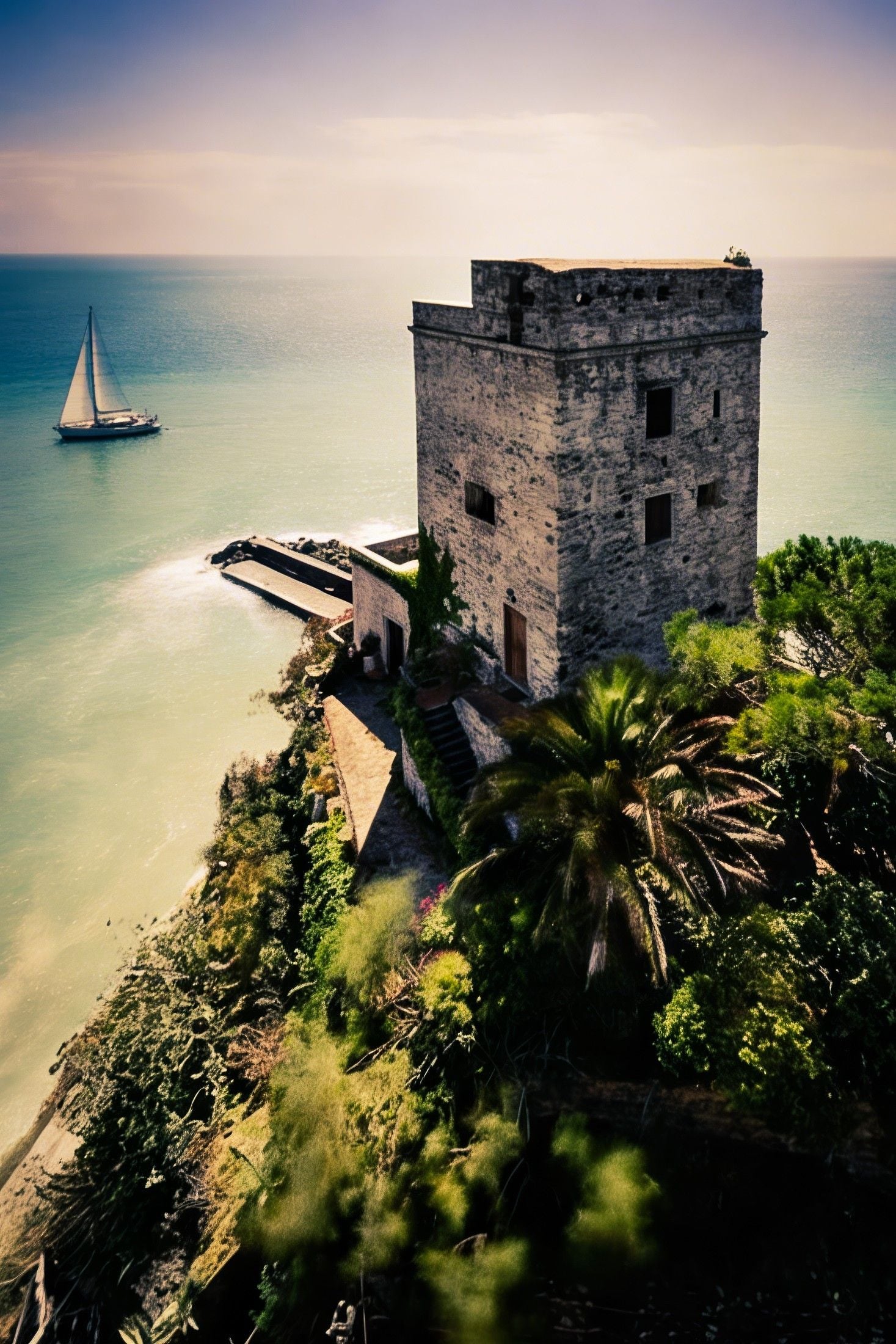 Historic stone tower overlooking a serene seascape with a sailboat gliding by under a cloudy sky.