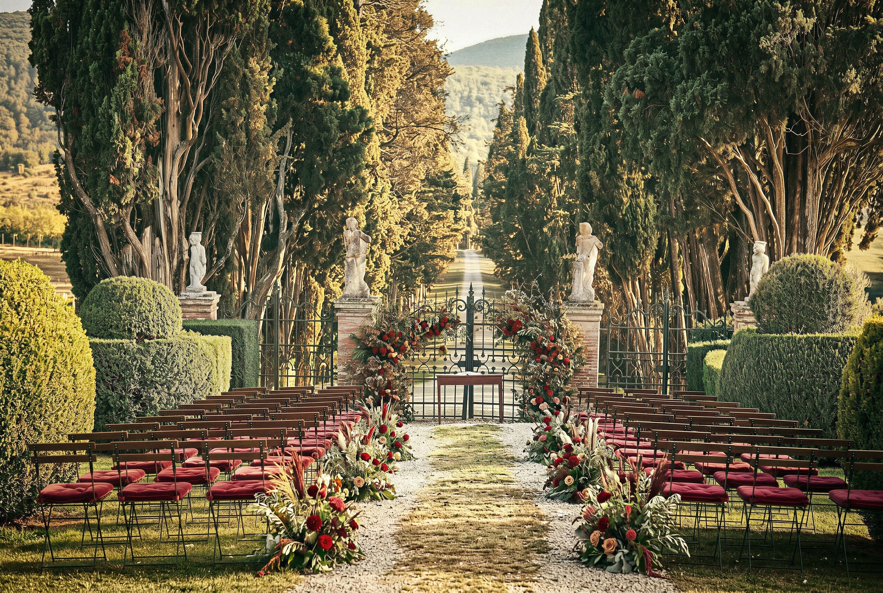 A beautifully arranged outdoor wedding ceremony with red cushioned chairs, floral decorations, and a scenic pathway.