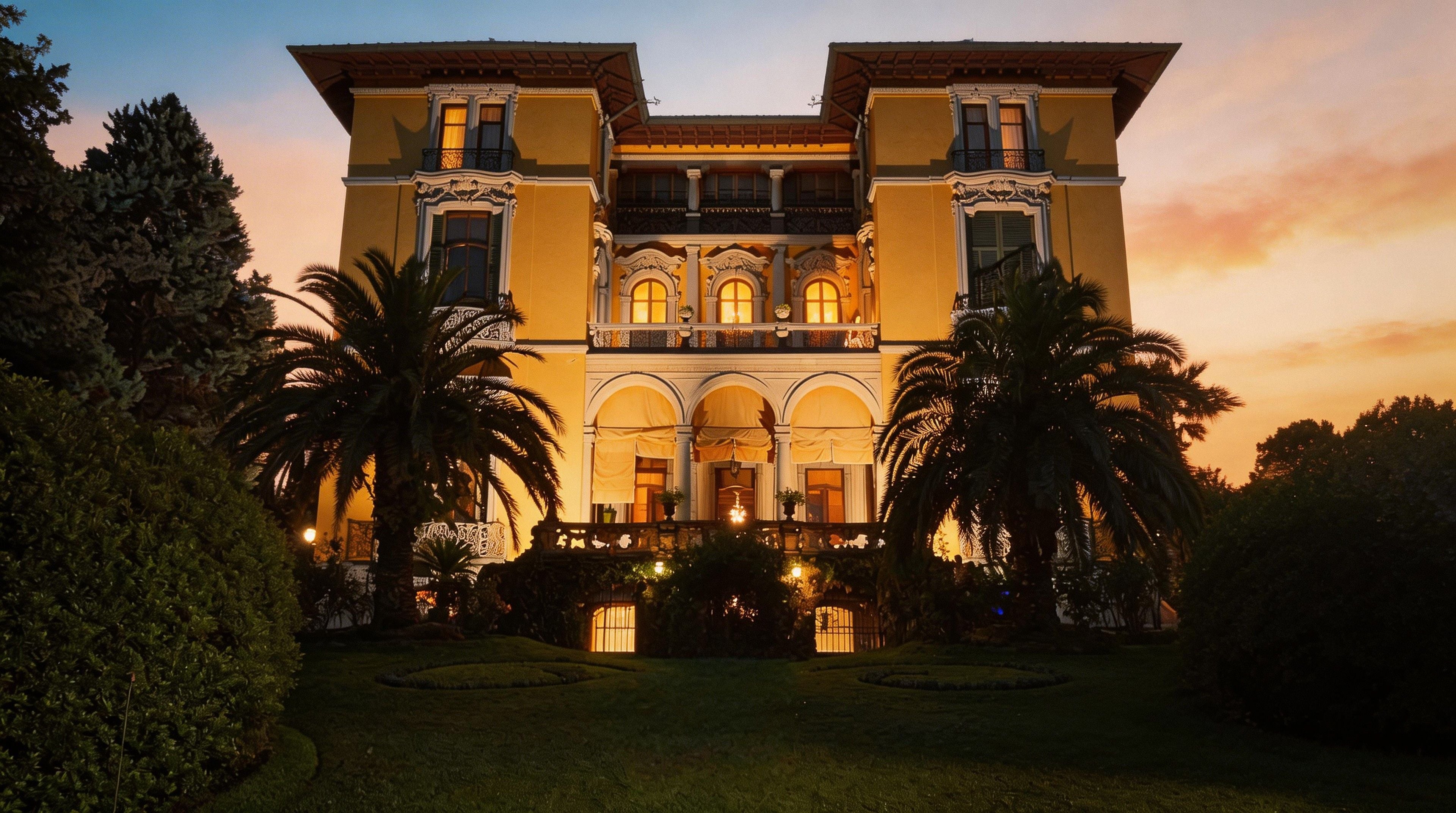 A grand yellow mansion is illuminated at sunset, surrounded by palm trees and lush greenery, creating a romantic ambiance.