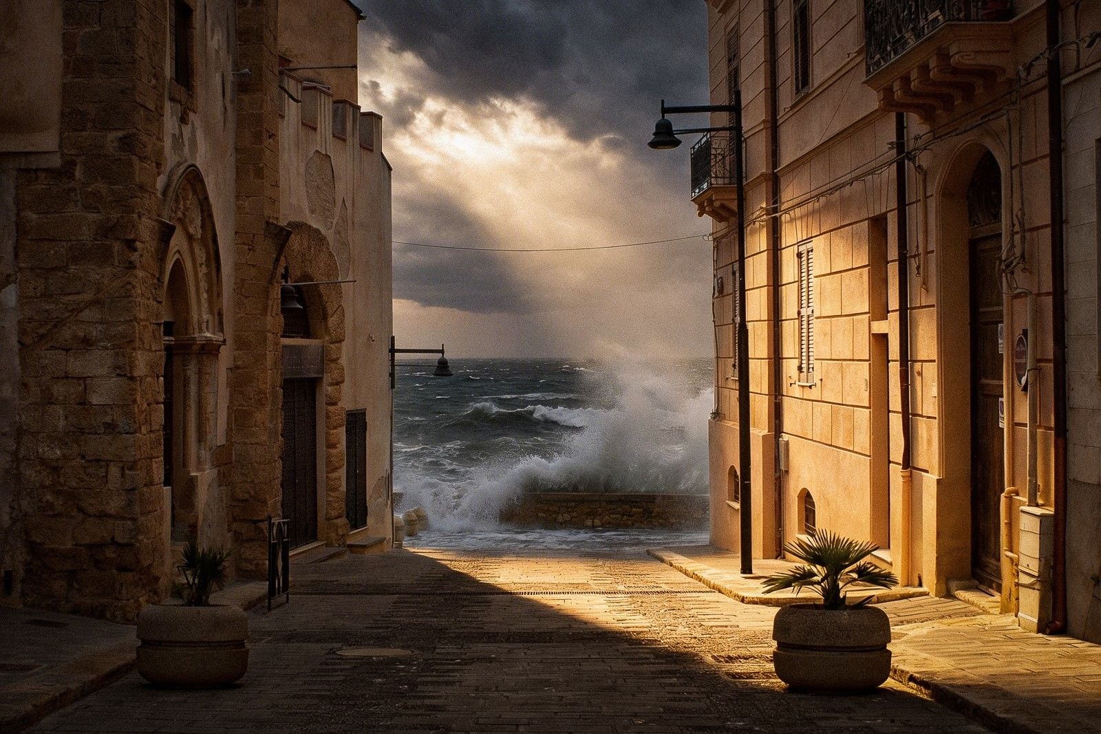 Waves crash against the shoreline as sunlight breaks through stormy clouds over a narrow, cobblestone street.