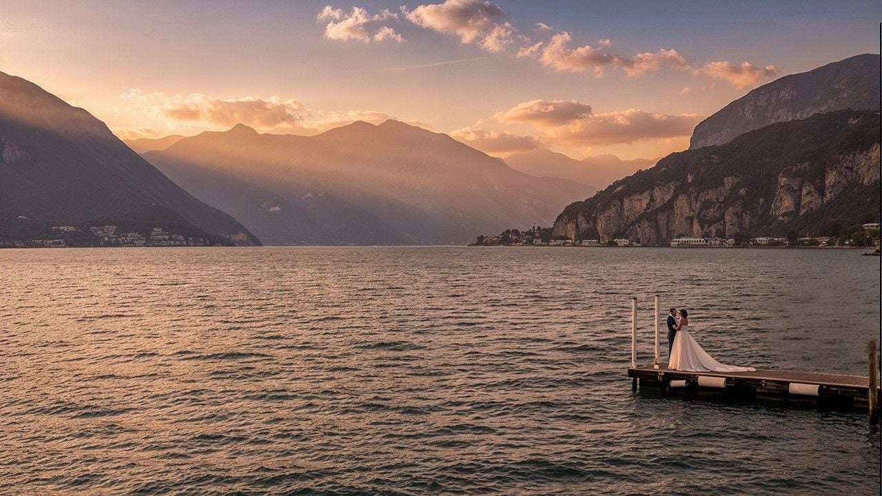 Bride and groom embracing on a dock at sunset, with mountains and a lake in the background.