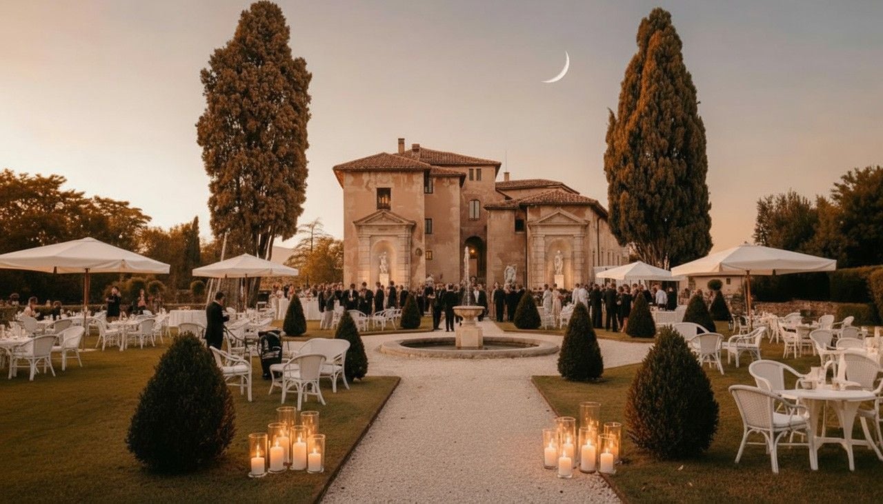 Elegant outdoor wedding reception at a historic villa, featuring white tables, lush greenery, and softly glowing candles.