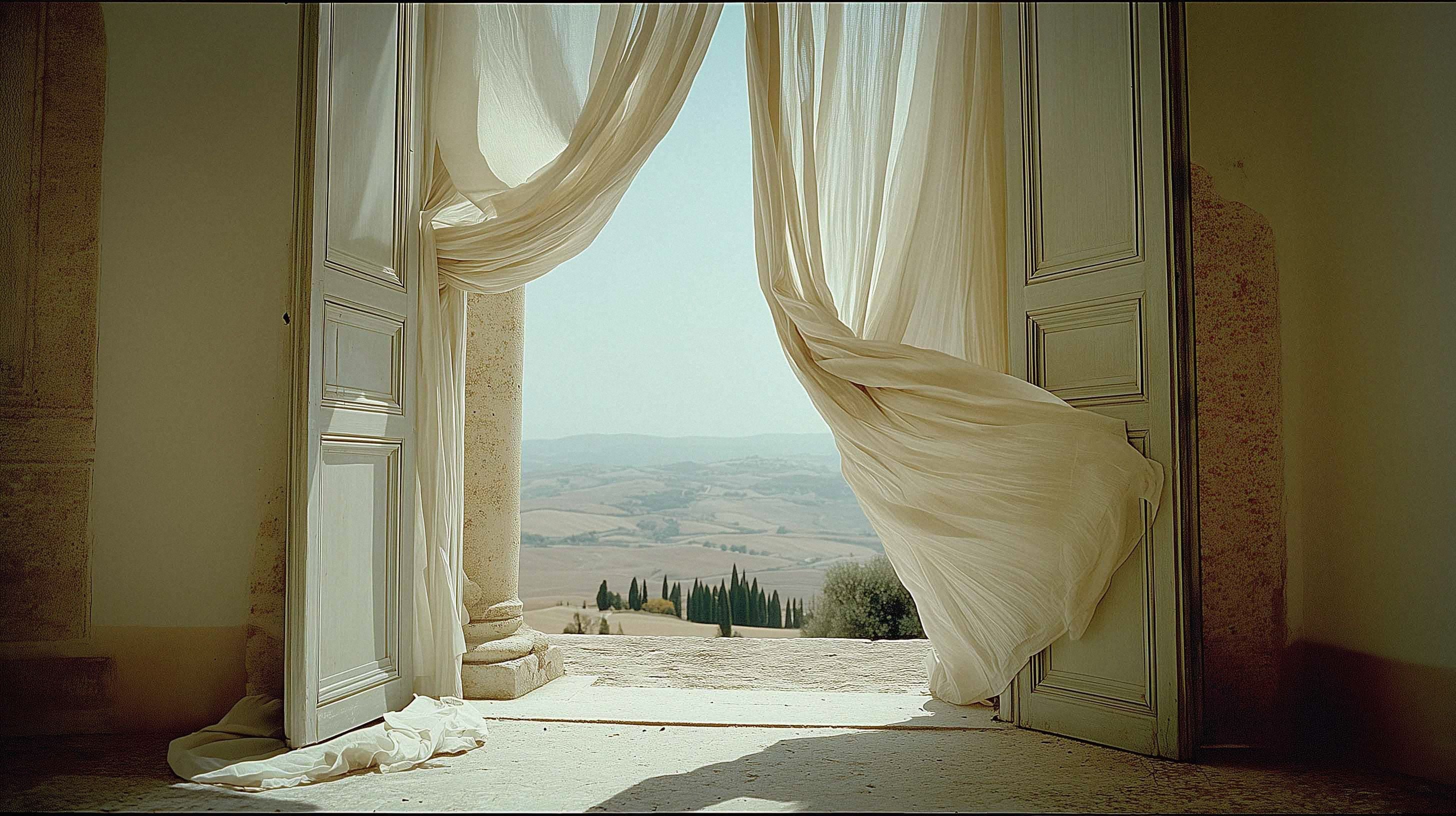 Sunlight streams through flowing curtains, revealing a serene landscape of hills and cypress trees beyond an open doorway.