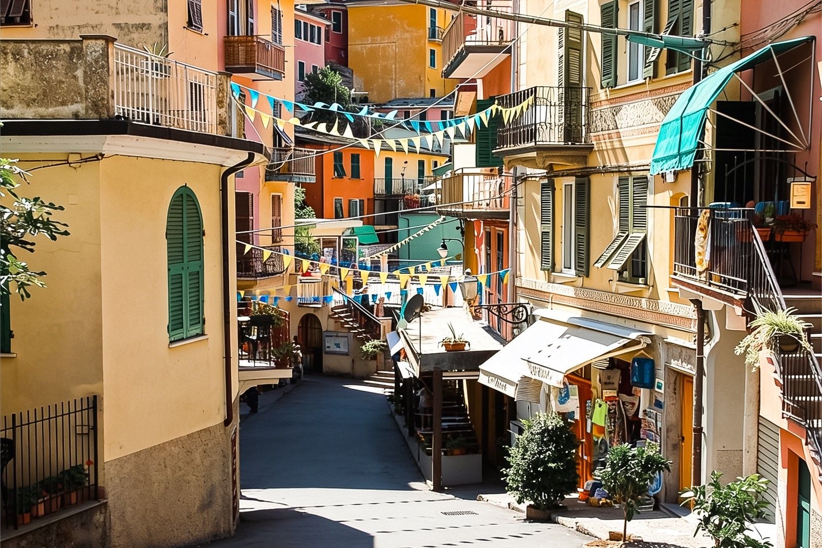 Charming street lined with colorful buildings and festive bunting in a vibrant Italian town.