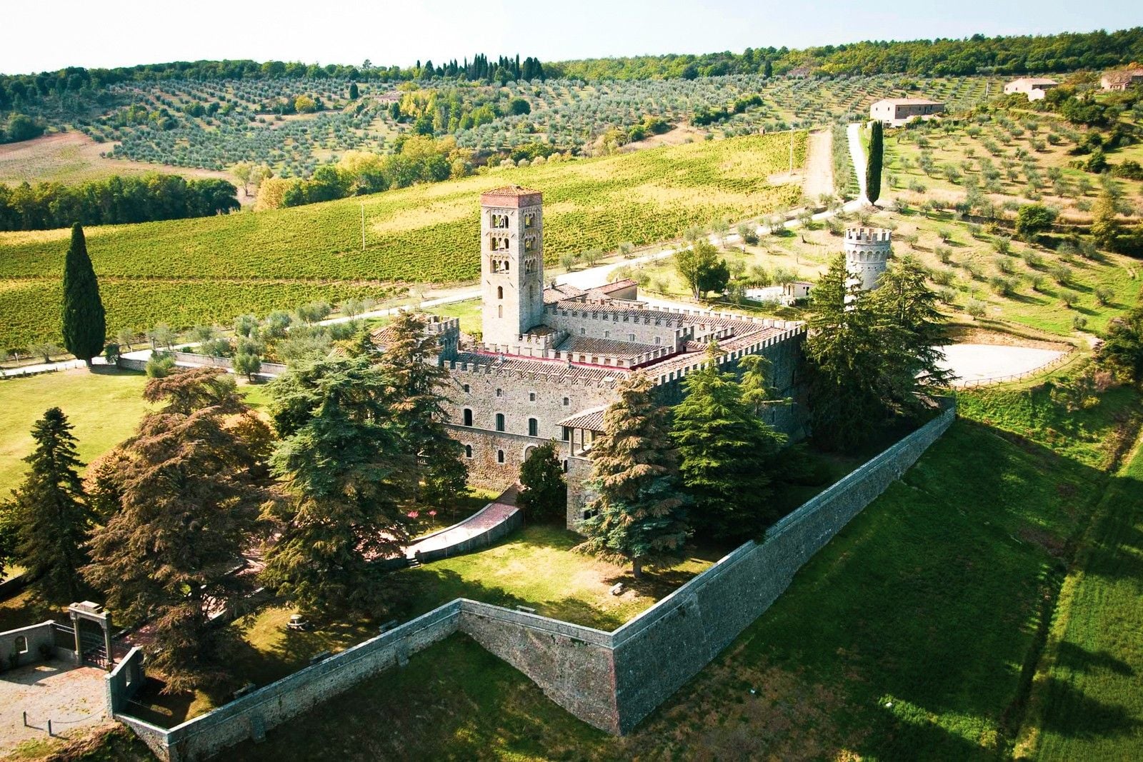 Aerial view of a medieval castle surrounded by lush vineyards and olive groves in a serene landscape.