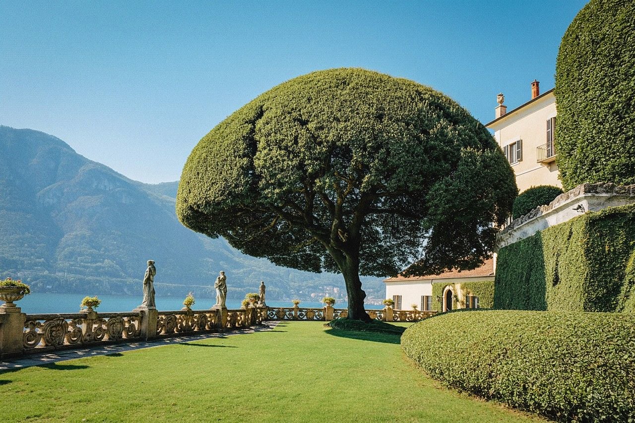 Lush green garden featuring a sculpted tree and manicured hedges overlooking a serene lake with mountains in the background.