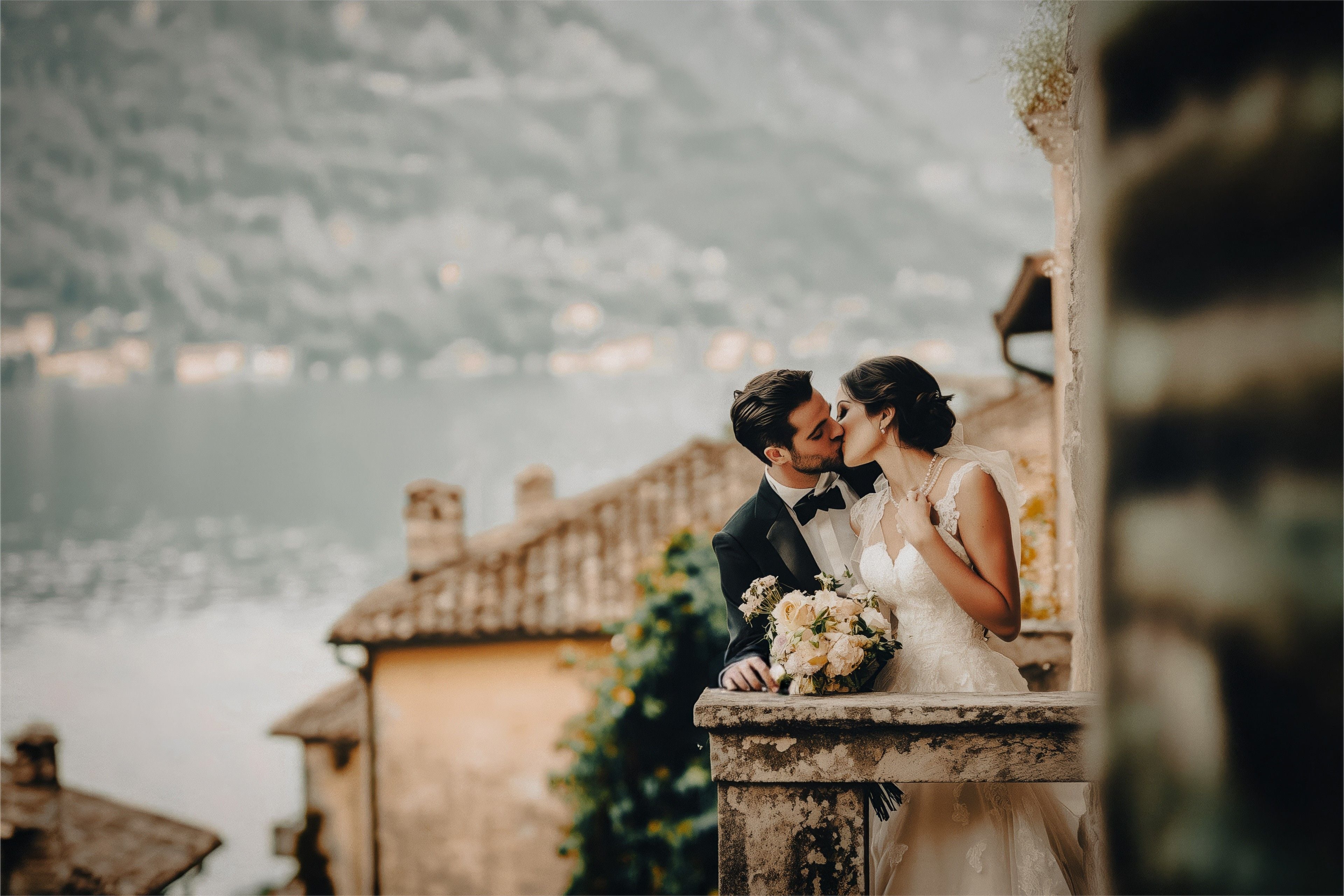 A couple in elegant wedding attire sharing a romantic kiss on a balcony overlooking a serene lake and picturesque village.
